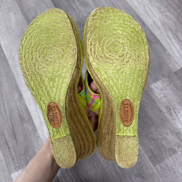 Born Wedges Size 8 Espadrille Tong Green Plaid Y2K 00s Preppy Leather Canvas - Picture 7 of 8